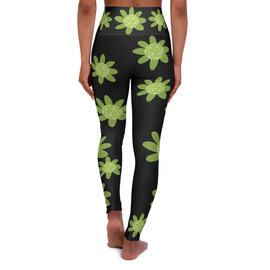 Black Leggings with Green Pickleball Daisy Design, Floral High-Waisted Yoga Leggings, Comfortable Activewear, Flower Print Leggings, Fitness Fashion, Gym Essentials, Yoga Apparel