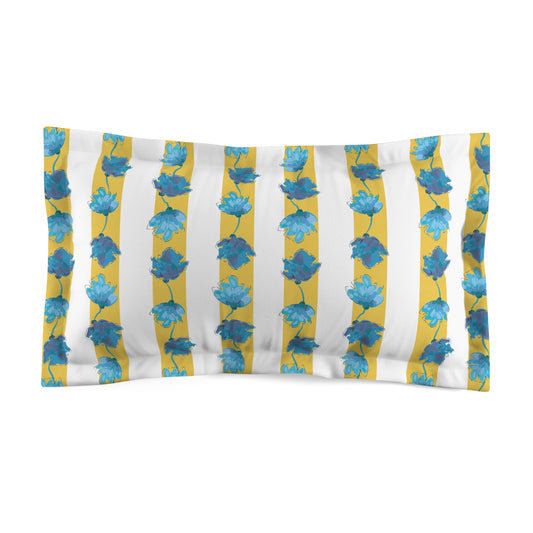 Blue and Yellow Garland Floral Microfiber Pillow Sham | Cozy Bedroom Decor, Blue Leaf Pattern, Home Textile, Gift Idea for Her, Bed Accessories