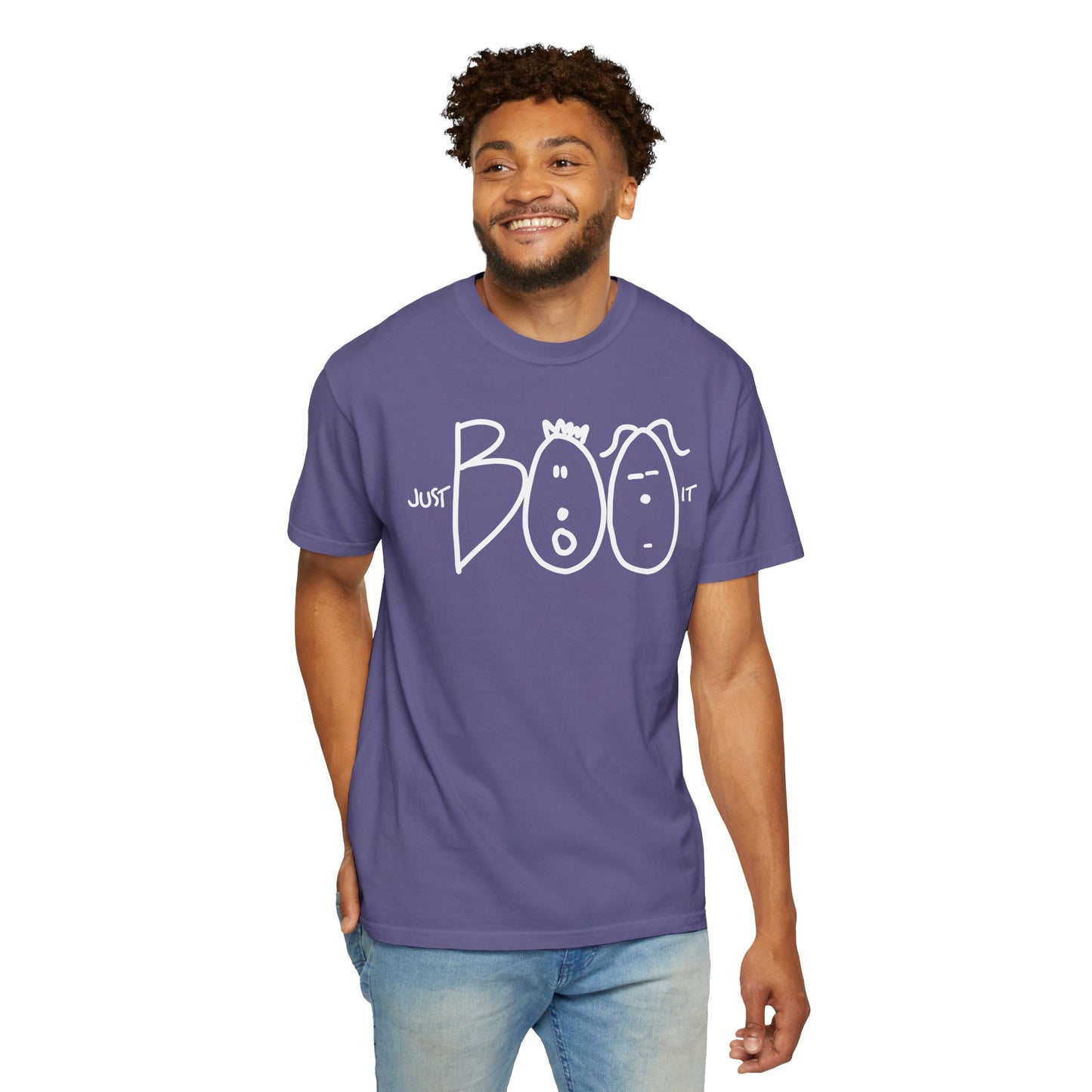 JUST BOO IT....Spooky Unisex Garment-Dyed T-shirt, Halloween Tee, Trendy Graphic Tee, Funny Costume Top, Holiday Apparel, Party Wear