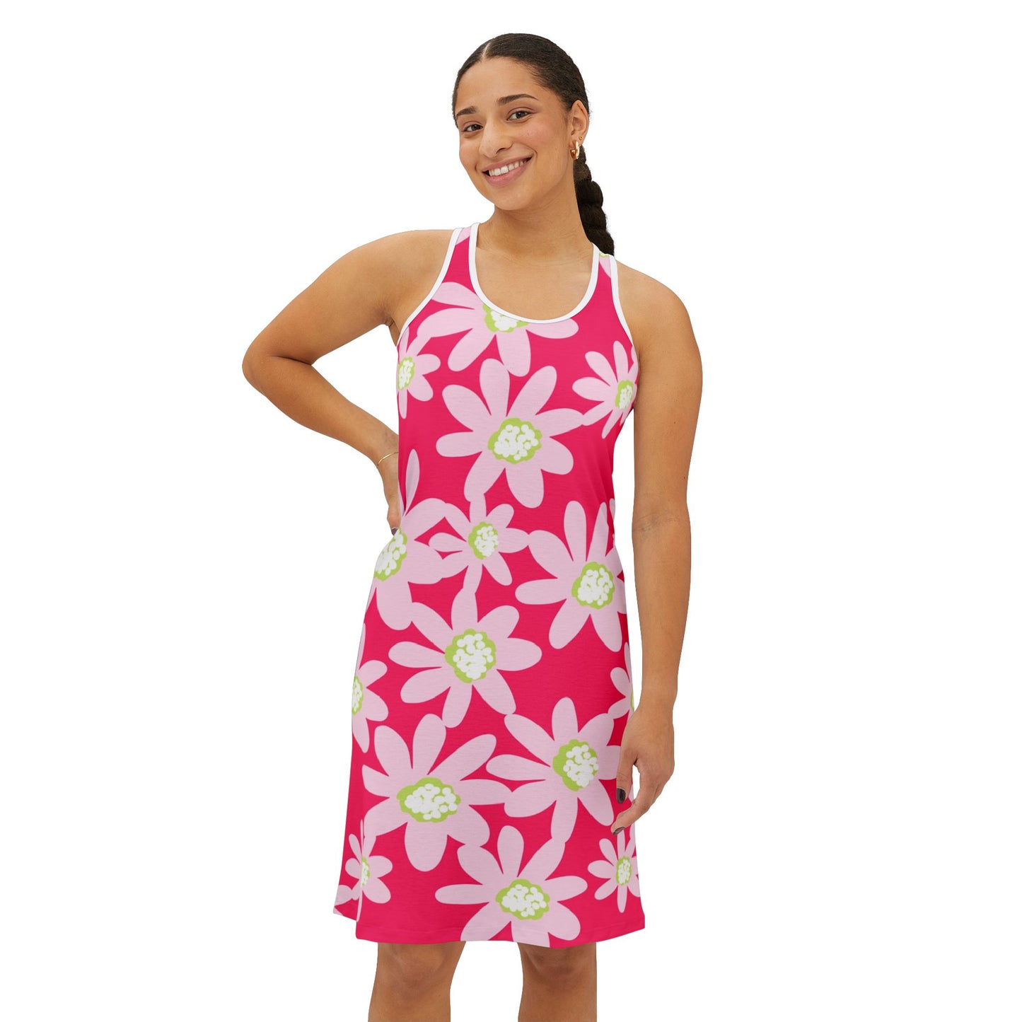 Pink Daisy Floral Summer Racerback Dress, Women’s Beach Dress, Vacation Outfit, Casual Dress, Mother's Day Gift, Summer Dress