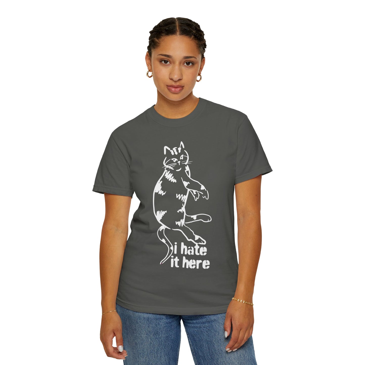 "I hate it here"...Funny Cat T-Shirt Showcasing Cat with Attitude, Halloween, Unisex Tee, Garment-Dyed Shirt, Quirky Cat Lover Gift, Casual Wear, Perfect for Cat Owners