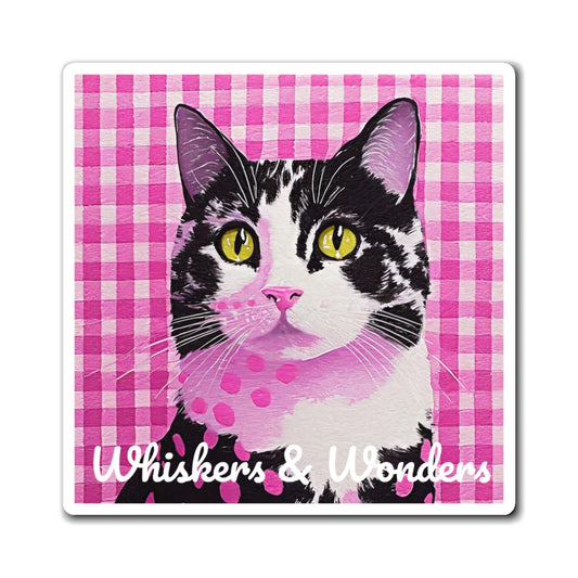 Charming Cat Magnet - Whimsical Pet Decor, Cute Kitchen Accessory, Gifts for Cat Lovers, Pink Gingham Style, Fun Home Decoration