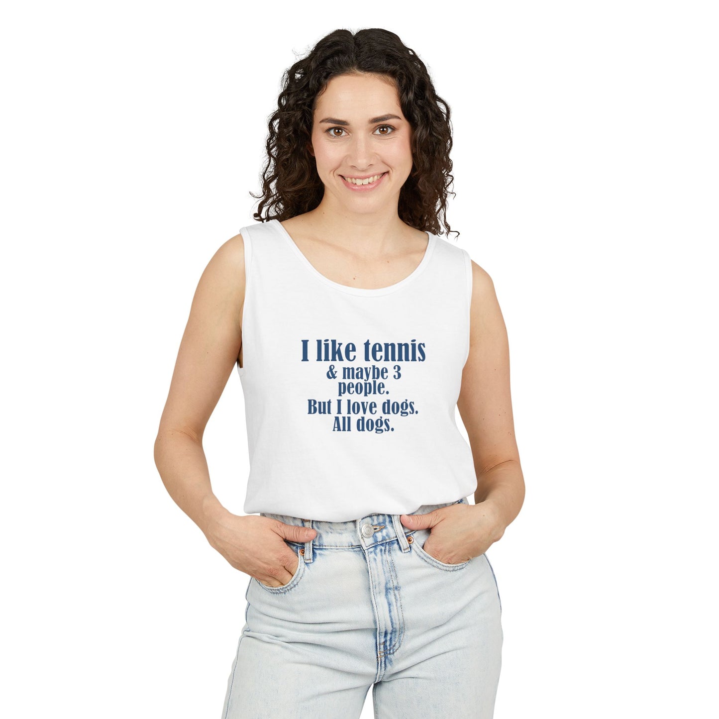 "I like tennis & maybe 3 people. But I love dogs. All Dogs" Dog-Loving Tennis Unisex Tank Top, Casual Summer Wear, Gift for Dog Owners, Funny Summer Tank, Pet Lover Apparel