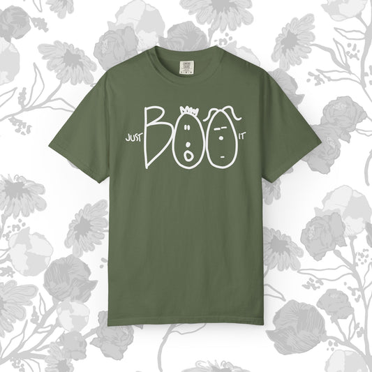 JUST BOO IT....Spooky Unisex Garment-Dyed T-shirt, Halloween Tee, Trendy Graphic Tee, Funny Costume Top, Holiday Apparel, Party Wear
