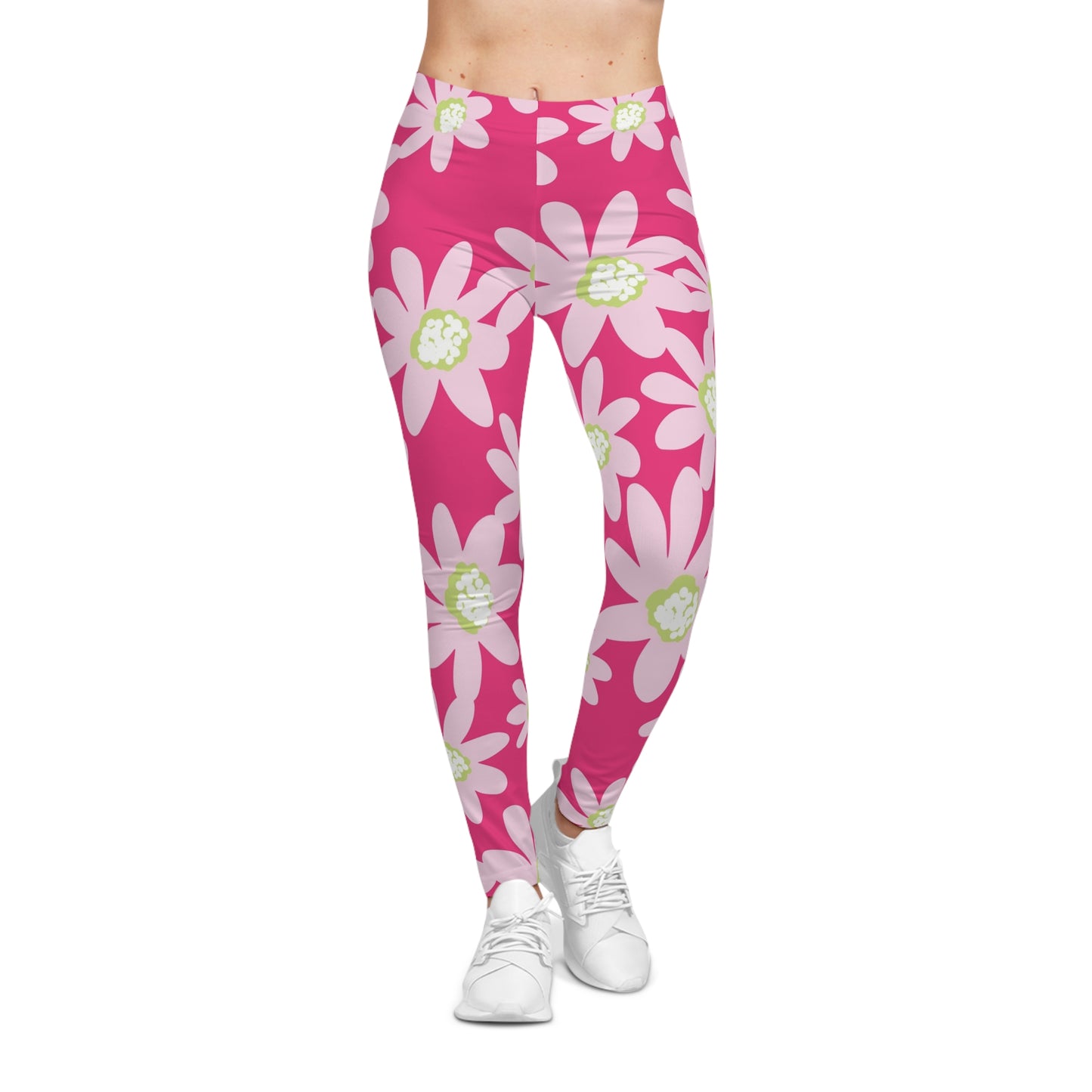 Daisy Pink Floral Women's Casual Leggings, Yoga Pants, Workout Leggings, Spring Activewear, Gift for Her, Everyday Wear