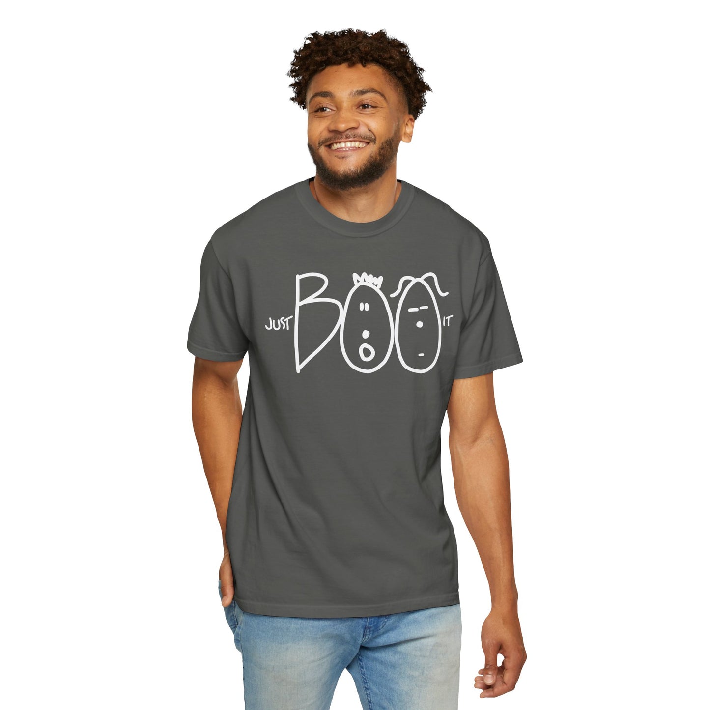 JUST BOO IT....Spooky Unisex Garment-Dyed T-shirt, Halloween Tee, Trendy Graphic Tee, Funny Costume Top, Holiday Apparel, Party Wear