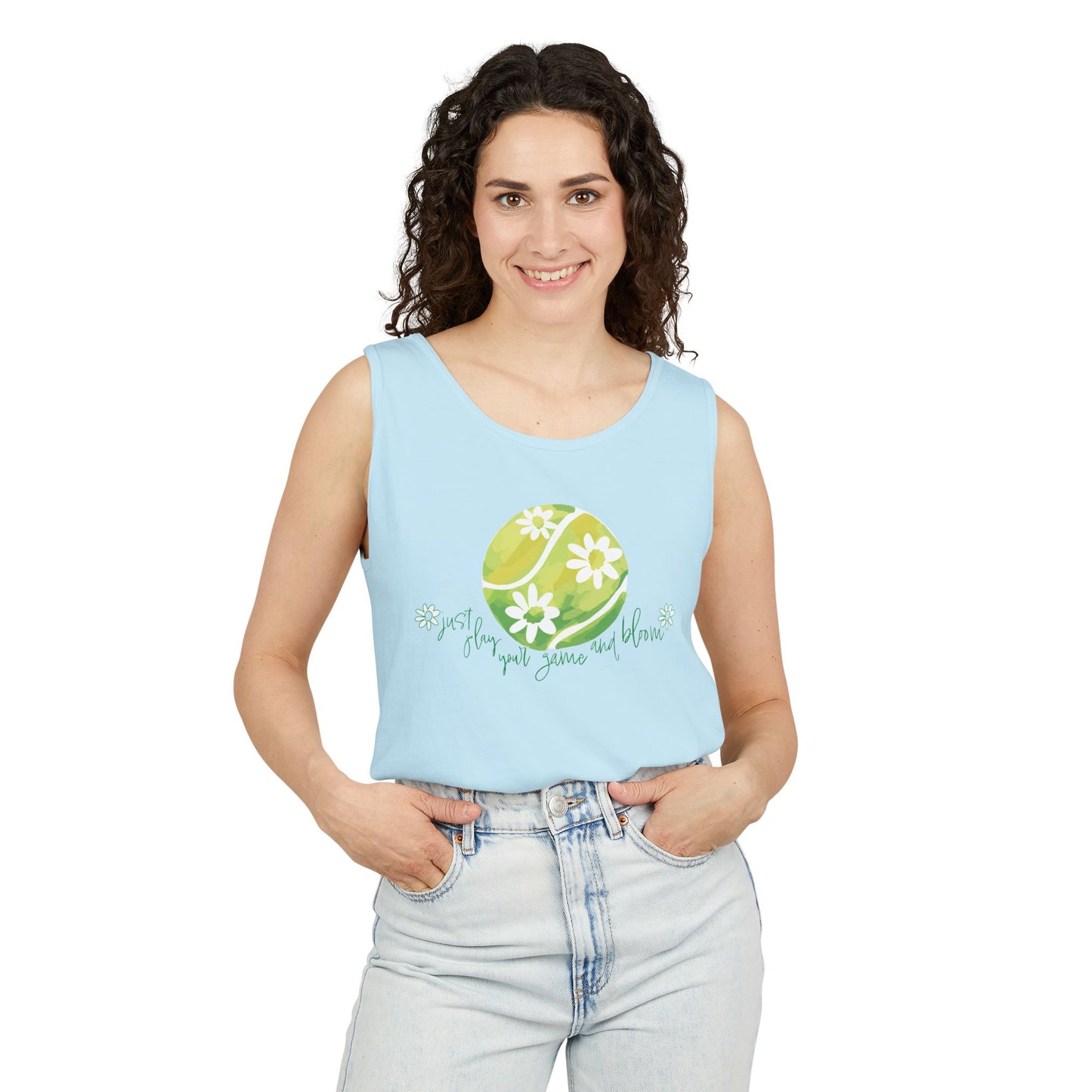 Play Your Game and Bloom! Tennis Floral Vibes Tank Top, Garden Tanks, Outdoor Summer Wear, Eco-Friendly Fashion, Casual Apparel, Floral Design