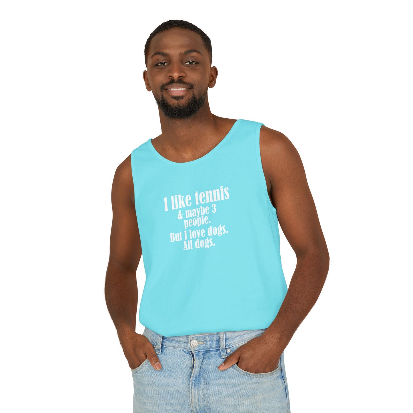 "I like tennis & maybe 3 people. But I love dogs. All Dogs" Dog-Loving Tennis Unisex Tank Top, Casual Summer Wear, Gift for Dog Owners, Funny Summer Tank, Pet Lover Apparel