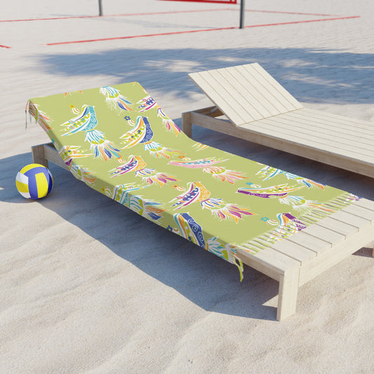 French Tassel Bird Boho Beach Towel, Vibrant Bohemian Bathing Accessory, Summer Picnic Essential, Poolside Comfort, Coastal Decor, Travel Blanket