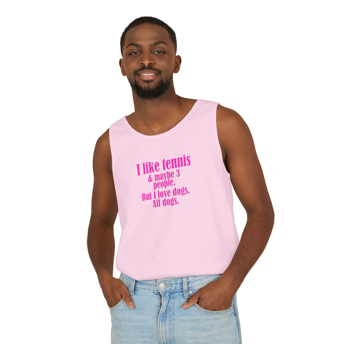 "I like tennis & maybe 3 people. But I love dogs. All Dogs" Dog-Loving Tennis Unisex Tank Top, Casual Summer Wear, Gift for Dog Owners, Funny Summer Tank, Pet Lover Apparel
