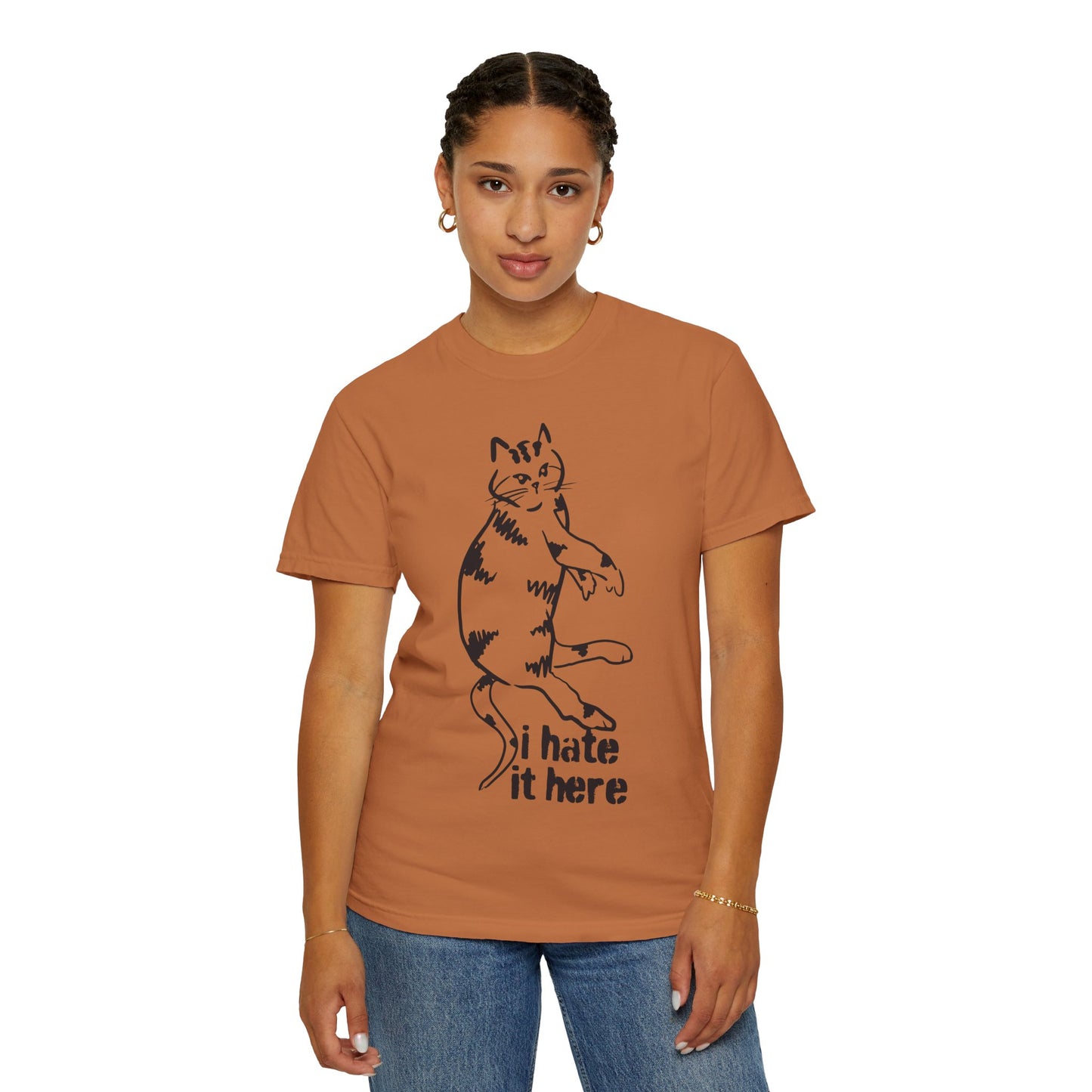 "I hate it here"...Funny Cat T-Shirt Showcasing Cat with Attitude, Halloween, Unisex Tee, Garment-Dyed Shirt, Quirky Cat Lover Gift, Casual Wear, Perfect for Cat Owners