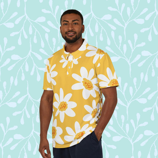 Sunny Daisy Yellow Floral Unisex Polo Shirt, Summer Outfits, Casual Wear, Gift for Him/Her, Bright Spirit, Outdoor Events