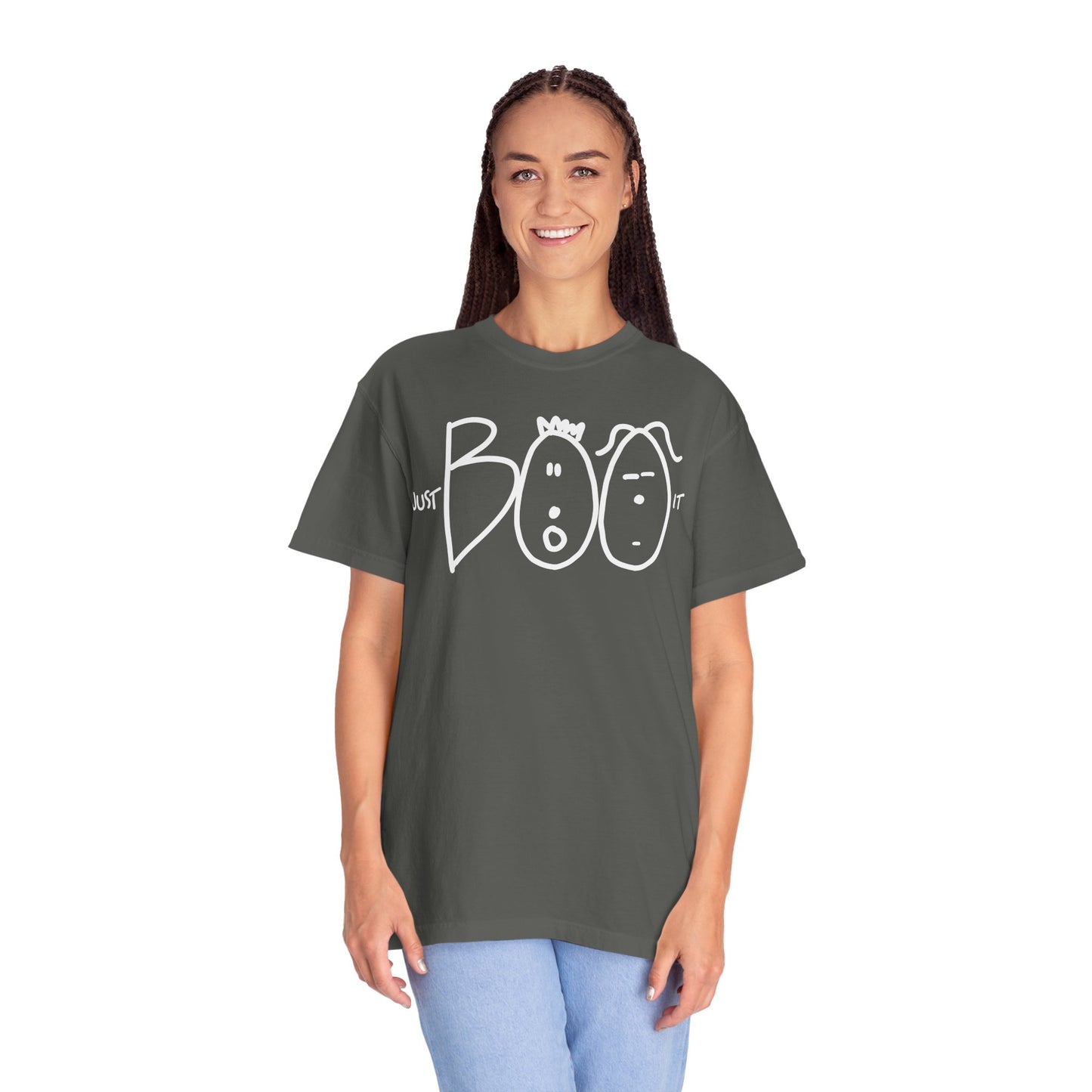 JUST BOO IT....Spooky Unisex Garment-Dyed T-shirt, Halloween Tee, Trendy Graphic Tee, Funny Costume Top, Holiday Apparel, Party Wear