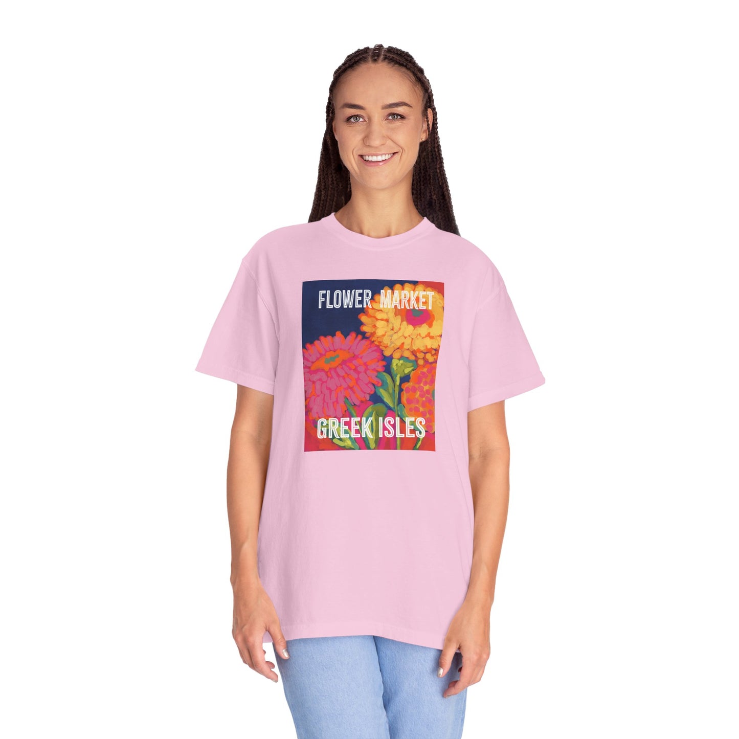 Vibrant Floral Market Tee, Flower Market T-Shirt, Greek Isles Apparel, Gift for Garden Lovers, Summer Wardrobe Essential