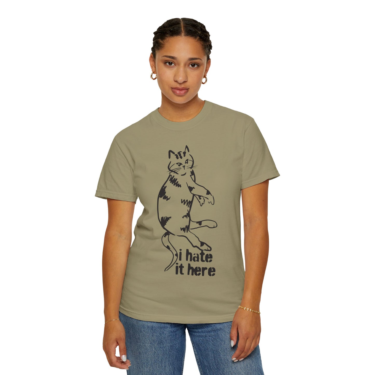 "I hate it here"...Funny Cat T-Shirt Showcasing Cat with Attitude, Halloween, Unisex Tee, Garment-Dyed Shirt, Quirky Cat Lover Gift, Casual Wear, Perfect for Cat Owners