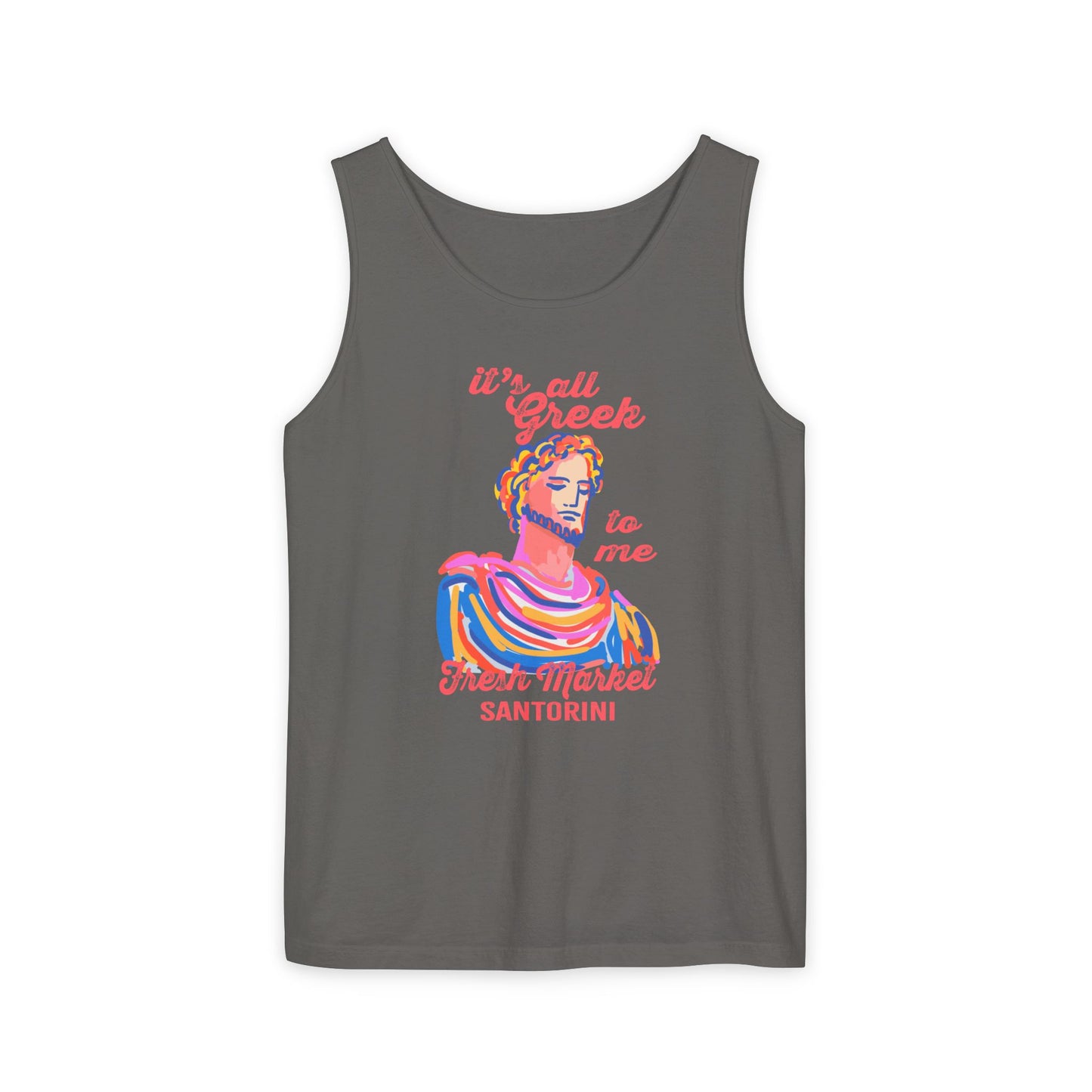 It's All Greek to Me! Santorini-Inspired Fresh Market Unisex Tank Top, Casual Summer Wear, Beach Vibes, Travel Souvenir, Gift for Her, Vacation Apparel