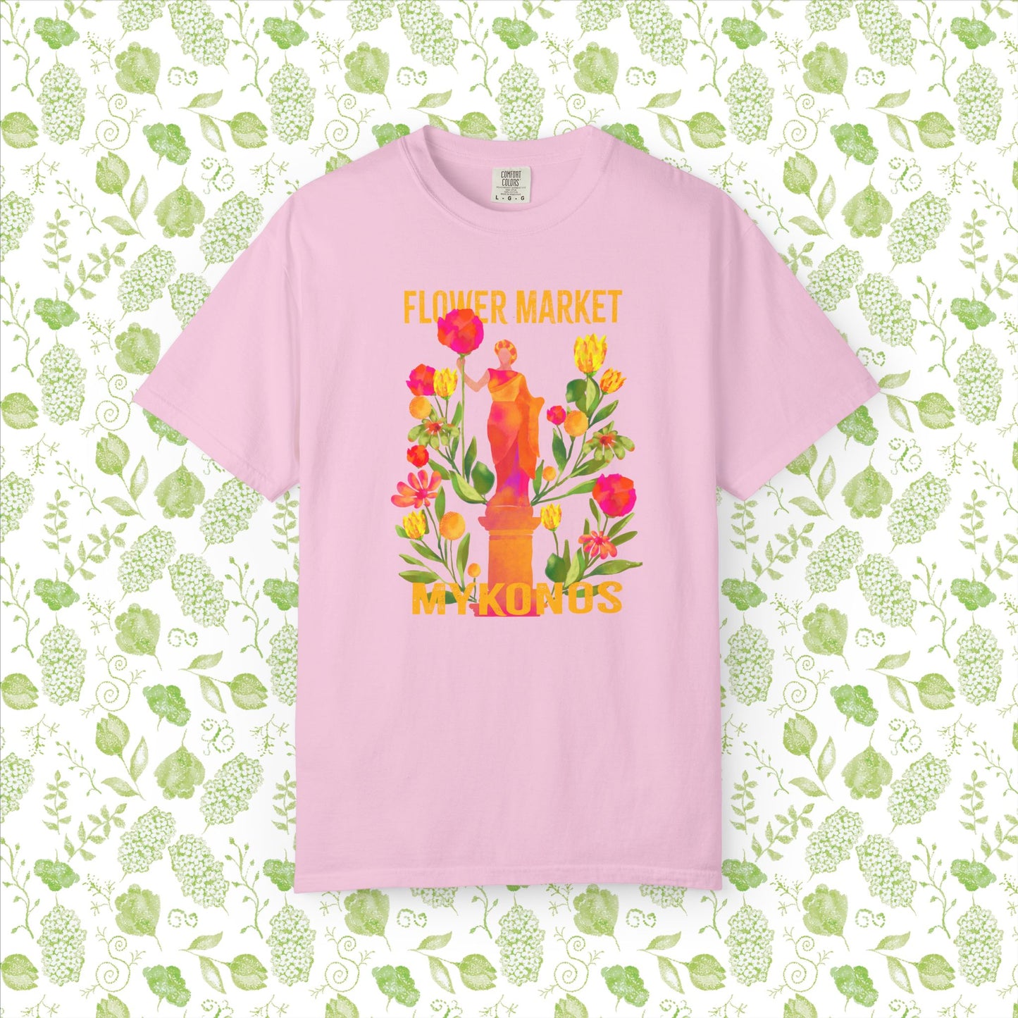 Greek Isle Mykonos Floral Market T-Shirt | Summer Vibes, Eco-Friendly Apparel, Casual Wear, Gift for Her, Bohemian Style