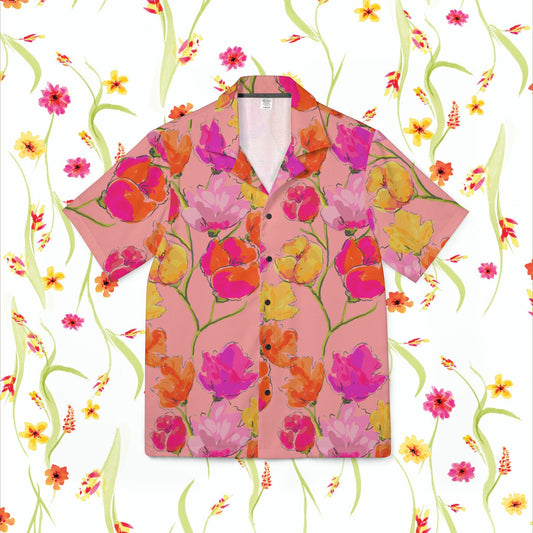 Unisex- Pink Floral Hawaiian Camp Shirt — Vibrant Watercolor Tulip