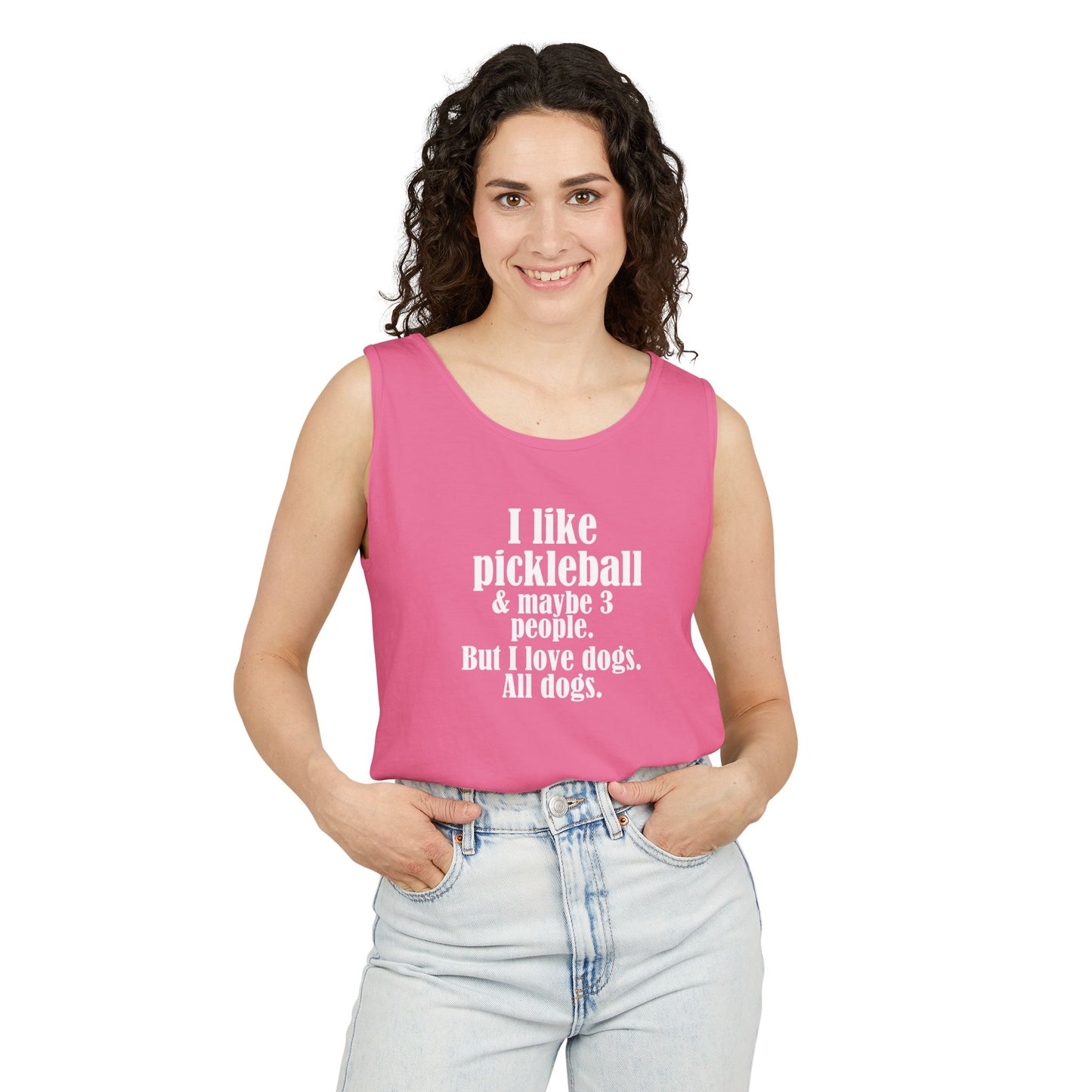 "I love pickleball and maybe three people, but I love all dogs. Pickleball Love Tank Top | Unisex Garment-Dyed Tee, Funny Sports Shirt, Gift for Pickleball Players, Summer Essential, Dog Lovers Apparel