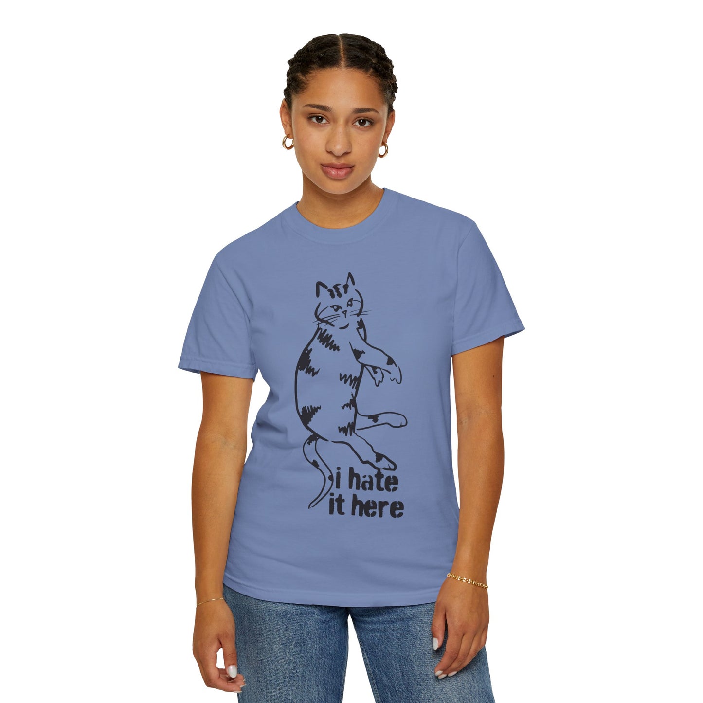 "I hate it here"...Funny Cat T-Shirt Showcasing Cat with Attitude, Halloween, Unisex Tee, Garment-Dyed Shirt, Quirky Cat Lover Gift, Casual Wear, Perfect for Cat Owners
