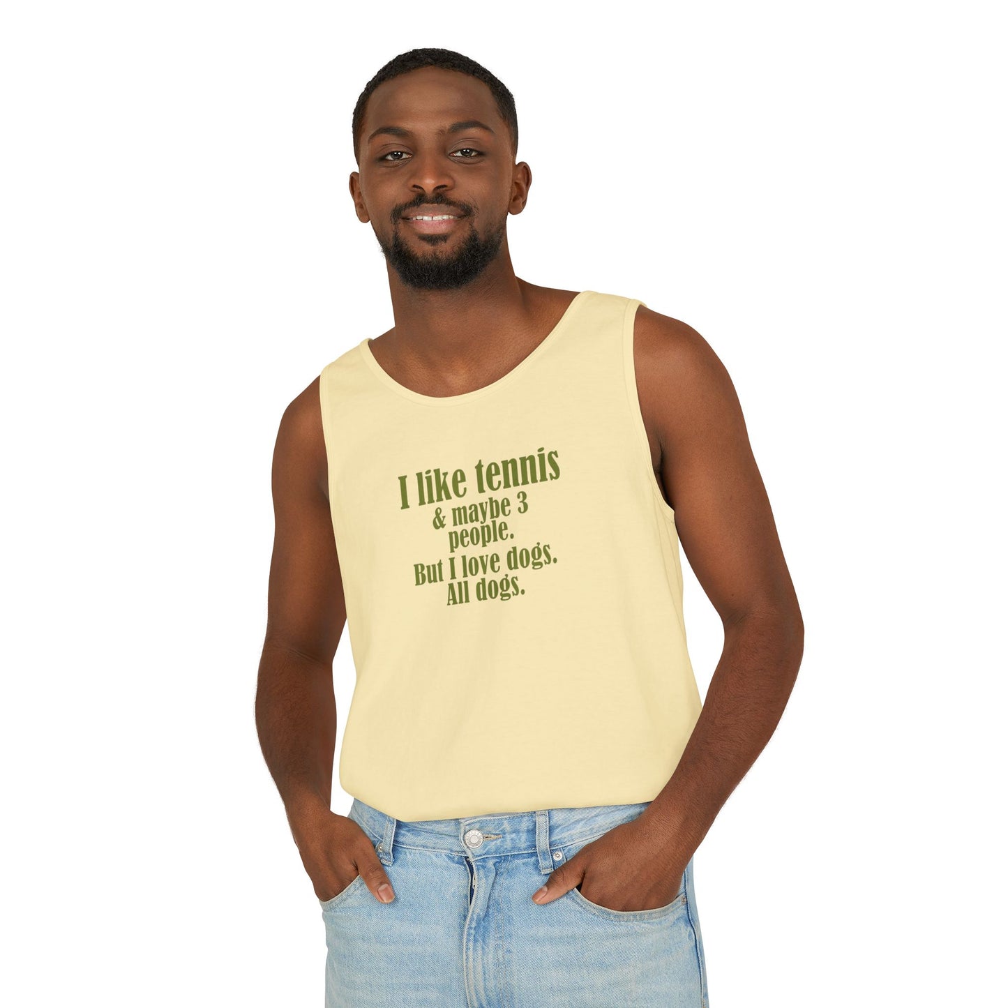 "I like tennis & maybe 3 people. But I love dogs. All Dogs" Dog-Loving Tennis Unisex Tank Top, Casual Summer Wear, Gift for Dog Owners, Funny Summer Tank, Pet Lover Apparel