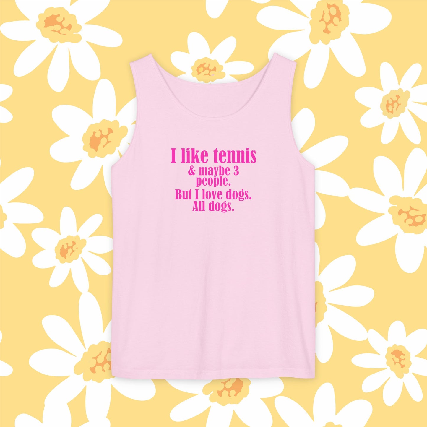 "I like tennis & maybe 3 people. But I love dogs. All Dogs" Dog-Loving Tennis Unisex Tank Top, Casual Summer Wear, Gift for Dog Owners, Funny Summer Tank, Pet Lover Apparel