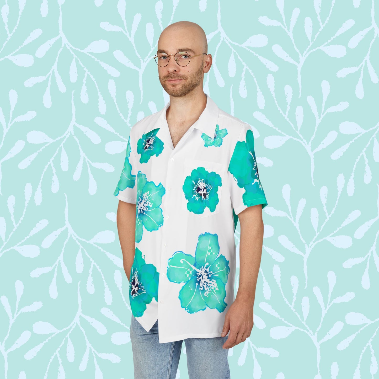 Tropical Woman's or Men's Azalea Turquoise Hawaiian Shirt, Beach Wear, Vacation Outfit, Summer Party Shirt, Casual Style, Relaxed Fit