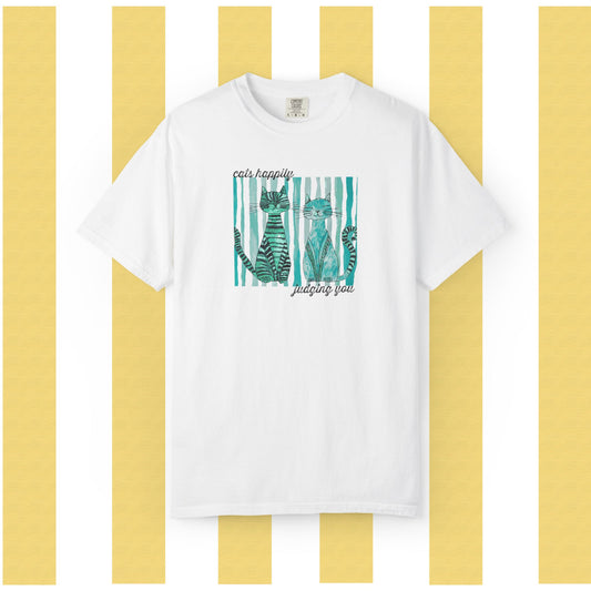Cat Friends Graphic T-Shirt — "Cats Happily Judging You", Cute Teal Stripe Tee, Unisex