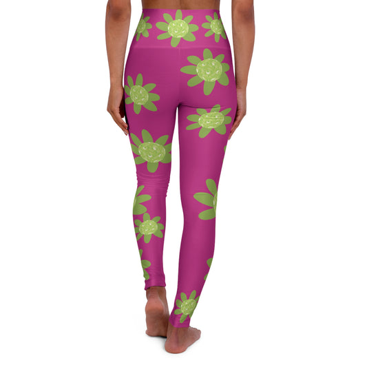 Pink Pickleball Daisy Floral High-Waisted Yoga Leggings, Comfortable Activewear, Flower Print Leggings, Fitness Fashion, Gym Essentials, Yoga Apparel
