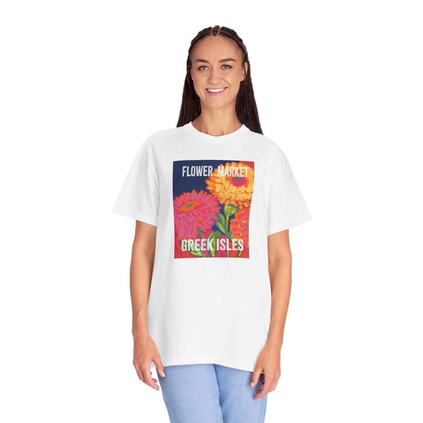 Vibrant Floral Market Tee, Flower Market T-Shirt, Greek Isles Apparel, Gift for Garden Lovers, Summer Wardrobe Essential
