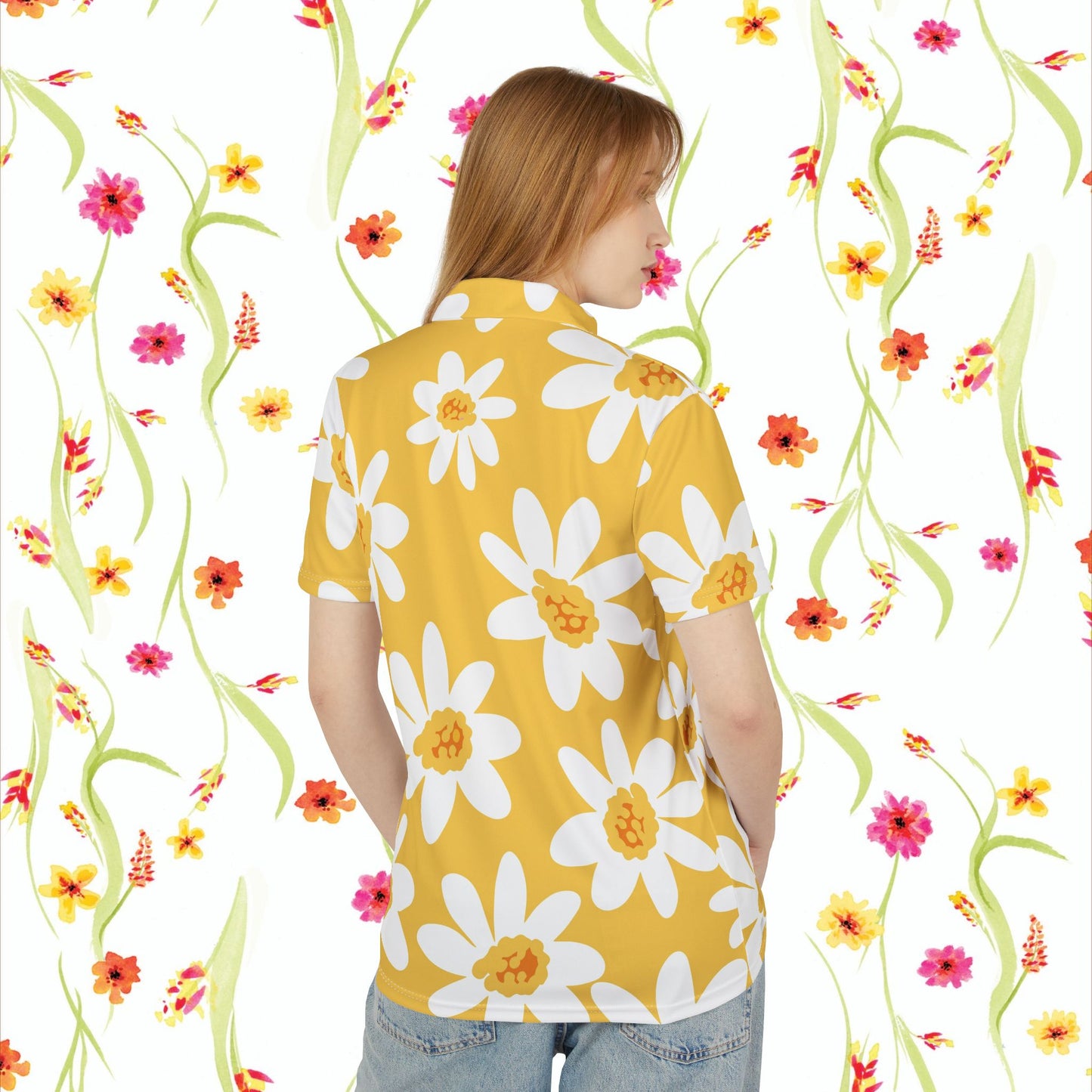 Sunny Daisy Yellow Floral Unisex Polo Shirt, Summer Outfits, Casual Wear, Gift for Him/Her, Bright Spirit, Outdoor Events