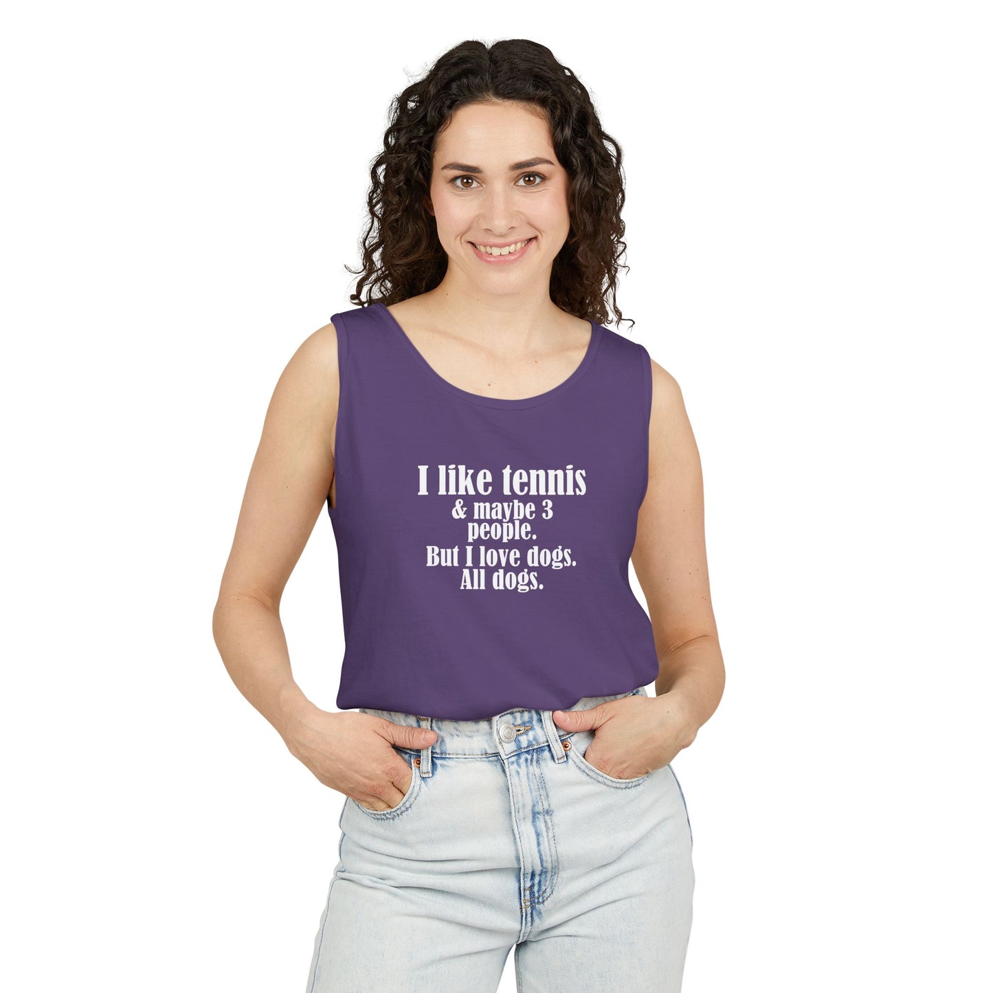 "I like tennis & maybe 3 people. But I love dogs. All Dogs" Dog-Loving Tennis Unisex Tank Top, Casual Summer Wear, Gift for Dog Owners, Funny Summer Tank, Pet Lover Apparel