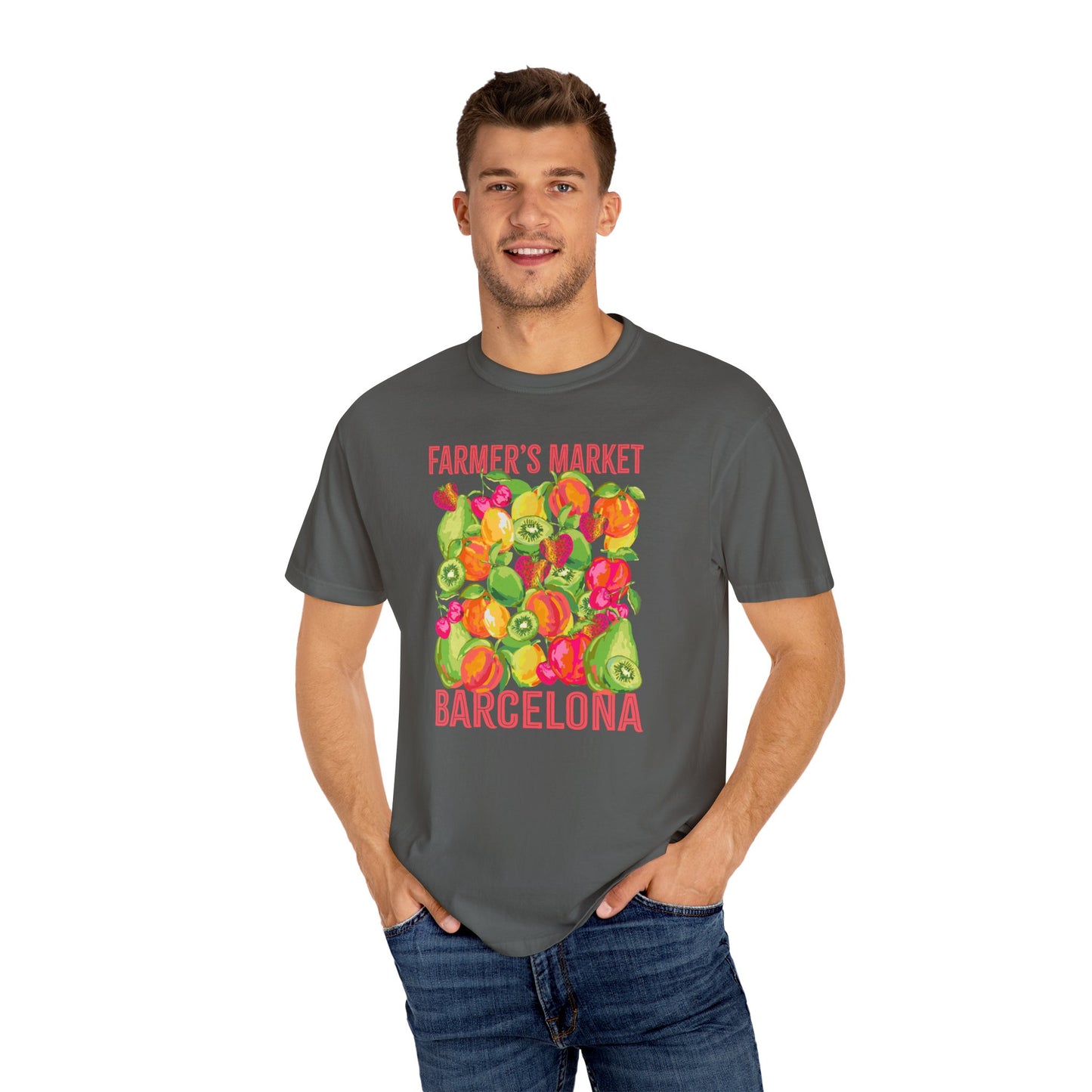 Barcelona Farmers Market T-Shirt | Unisex Garment-Dyed Tee, Cute Summer Style, Gift for Foodies, Market Lover's Apparel, Barcelona Graphic Tee