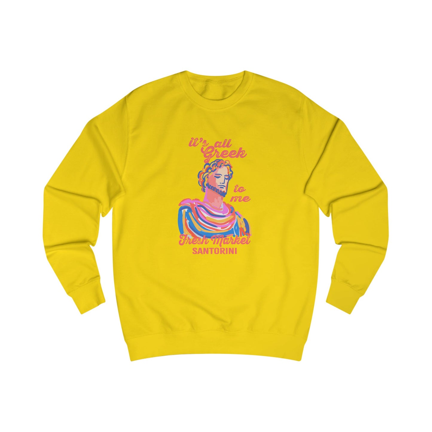 Fresh Market Greek-Inspired Fleece Sweatshirt, Cozy Gift for Travelers, Santorini Crewneck, Unique Graphic Apparel, Perfect for Holidays, Casual Wear