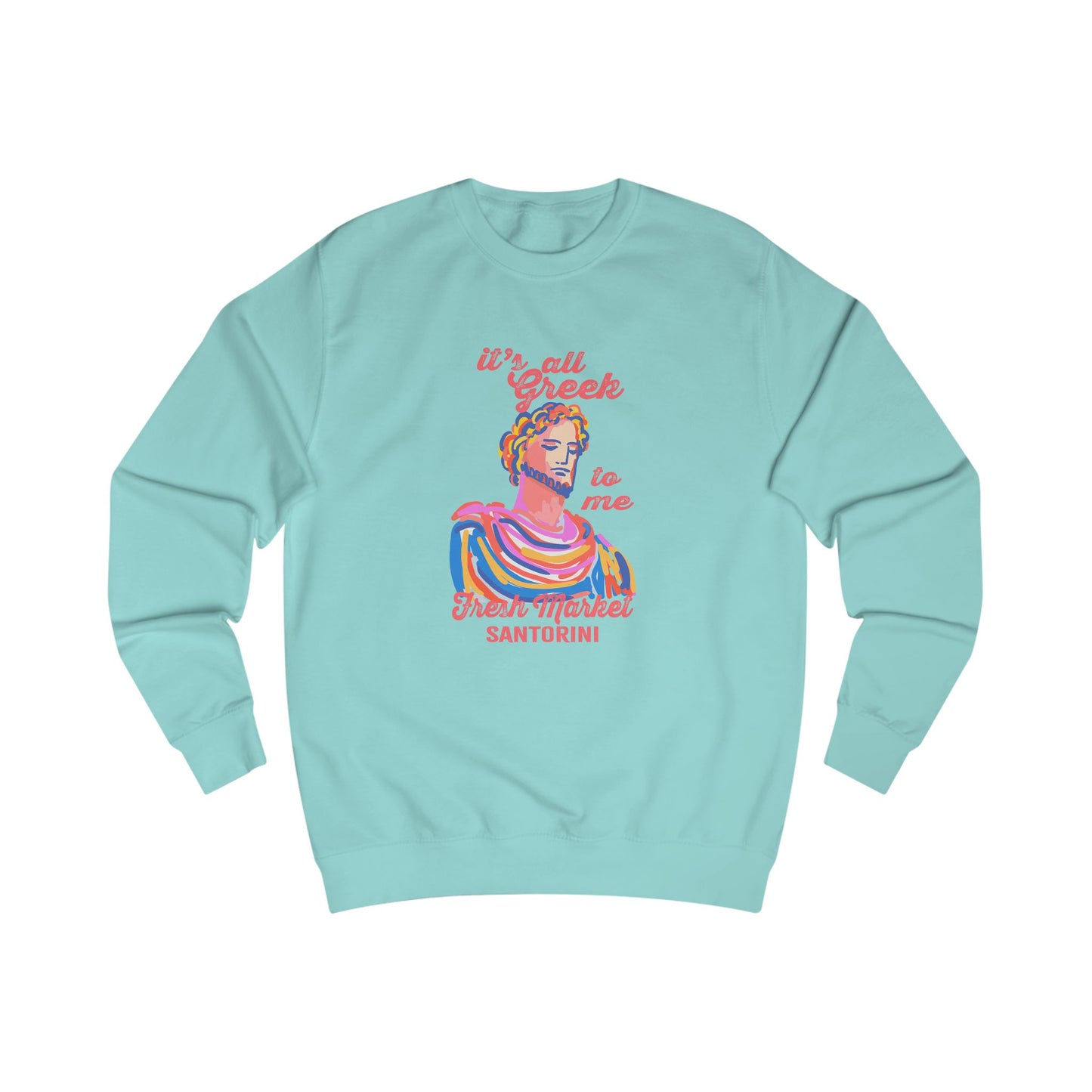 Fresh Market Greek-Inspired Fleece Sweatshirt, Cozy Gift for Travelers, Santorini Crewneck, Unique Graphic Apparel, Perfect for Holidays, Casual Wear