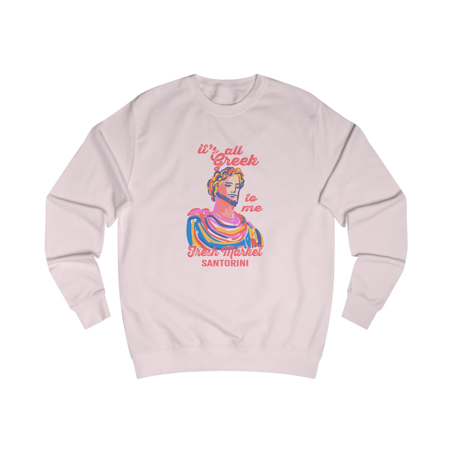 Fresh Market Greek-Inspired Fleece Sweatshirt, Cozy Gift for Travelers, Santorini Crewneck, Unique Graphic Apparel, Perfect for Holidays, Casual Wear