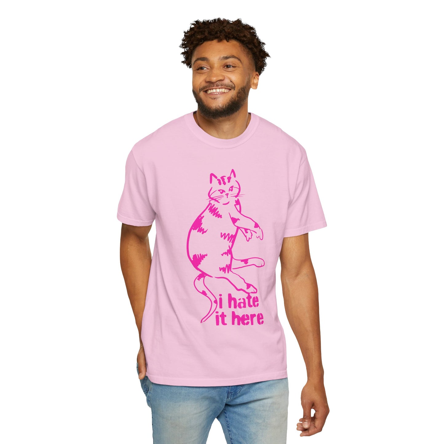 "I hate it here"...Funny Cat T-Shirt Showcasing Cat with Attitude, Halloween, Unisex Tee, Garment-Dyed Shirt, Quirky Cat Lover Gift, Casual Wear, Perfect for Cat Owners