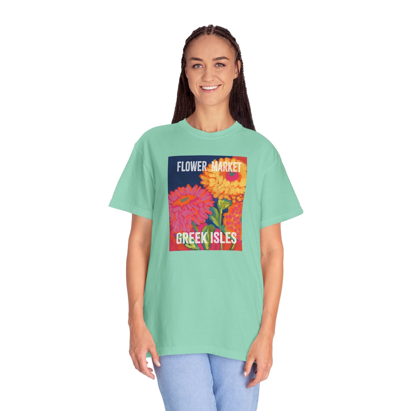 Vibrant Floral Market Tee, Flower Market T-Shirt, Greek Isles Apparel, Gift for Garden Lovers, Summer Wardrobe Essential