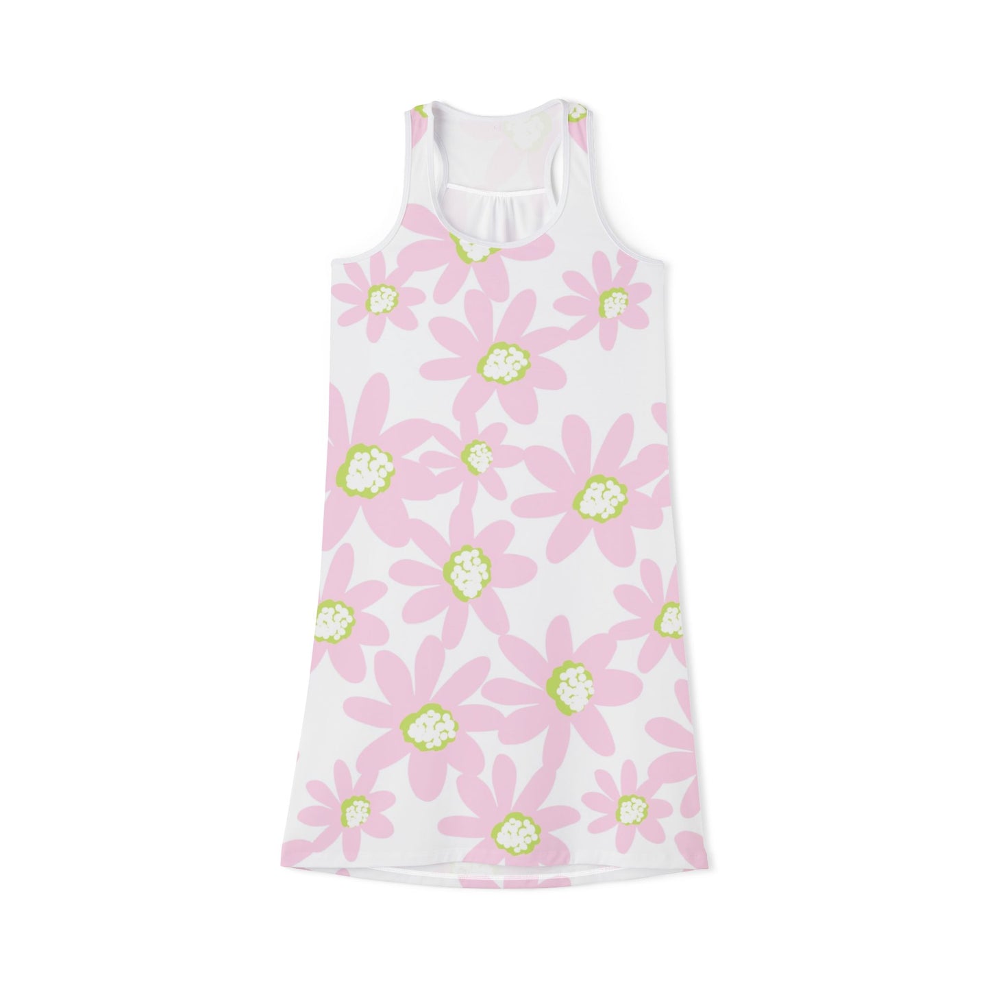 Light Pink Daisy Retro Floral Women's Racerback Dress, Summer Dress, Beachwear, Casual Dress, Vacation Outfit, Spring Fashion, Floral Print Dress