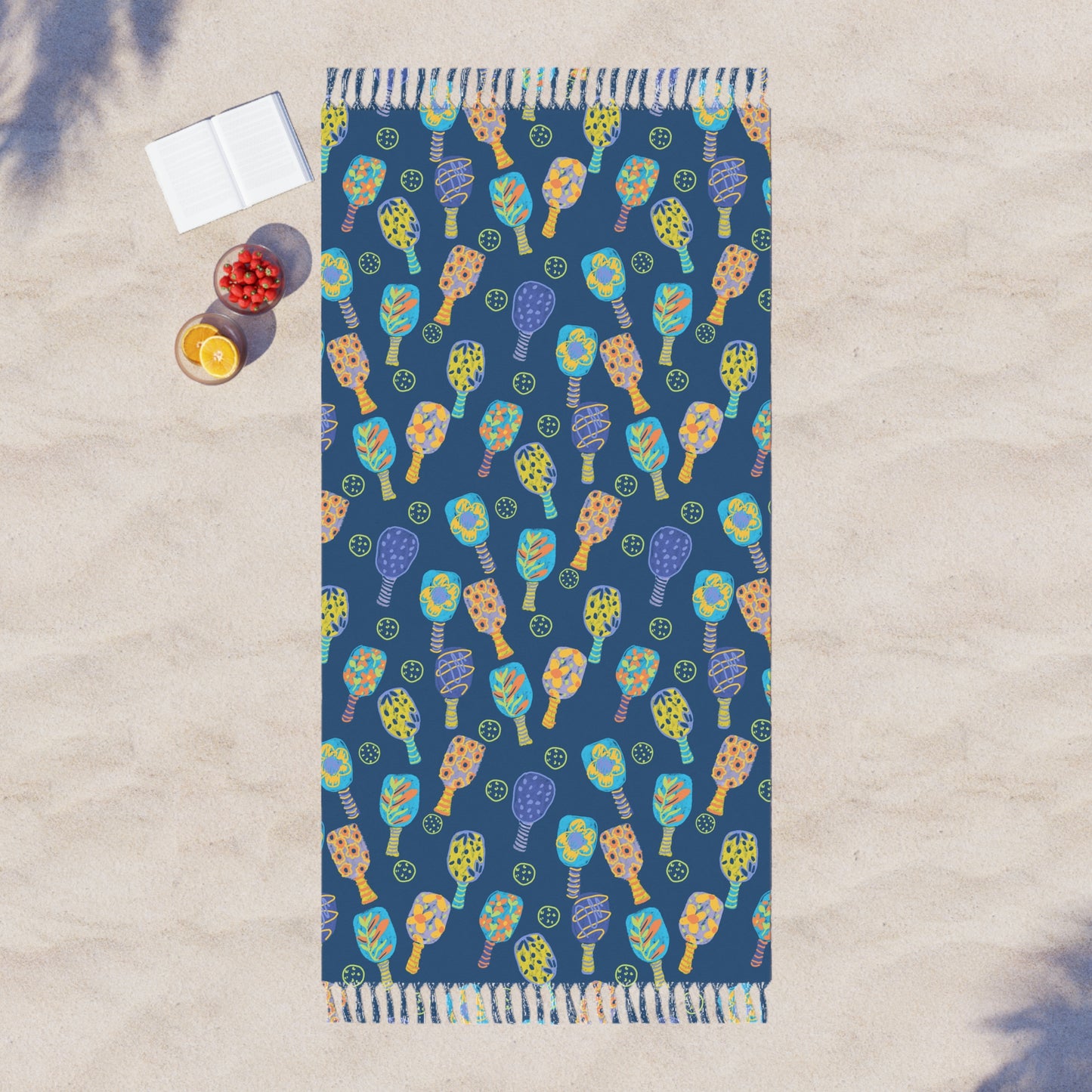 Boho Beach Towel – Hand-Drawn Pickleball Pattern, Tropical Summer Throw