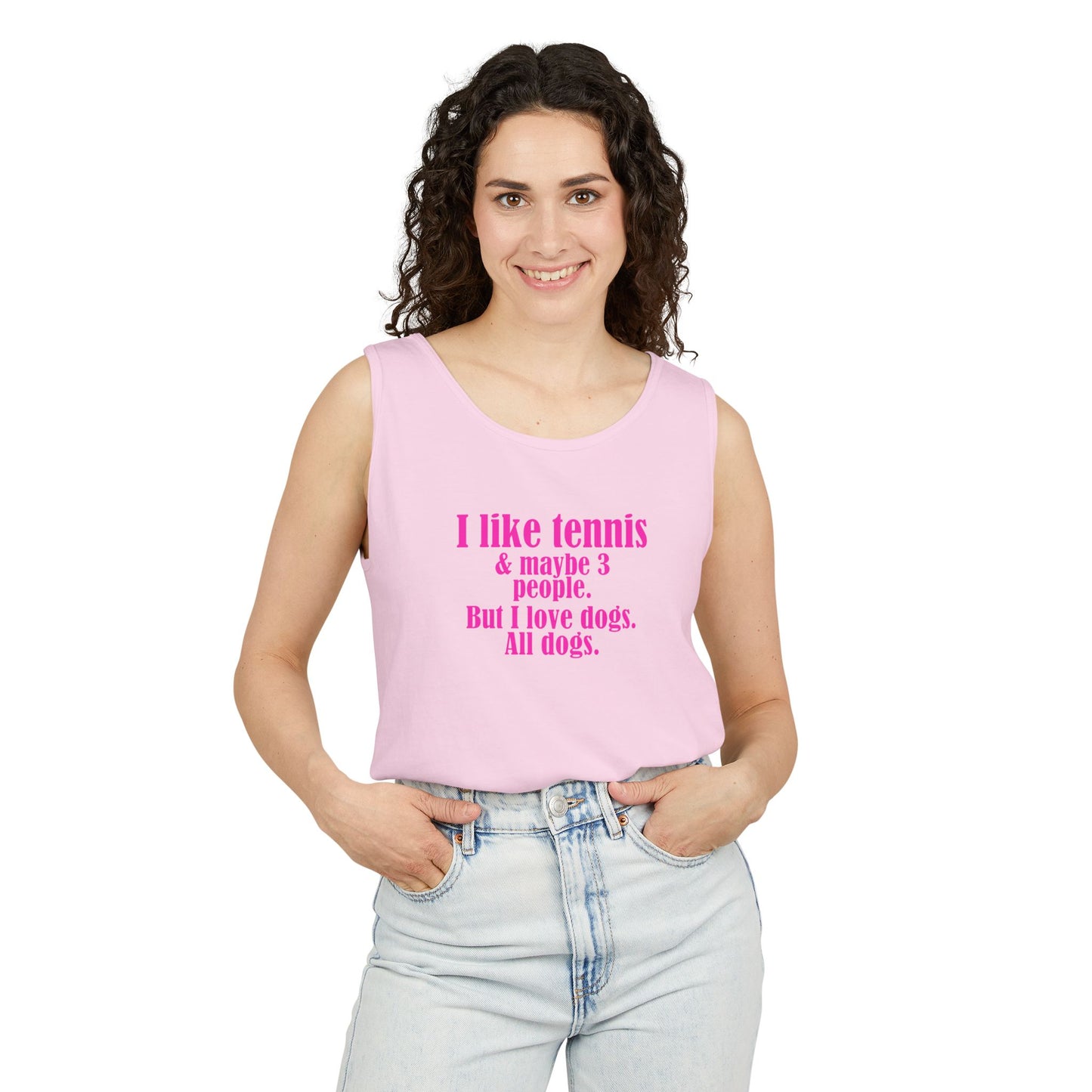 "I like tennis & maybe 3 people. But I love dogs. All Dogs" Dog-Loving Tennis Unisex Tank Top, Casual Summer Wear, Gift for Dog Owners, Funny Summer Tank, Pet Lover Apparel