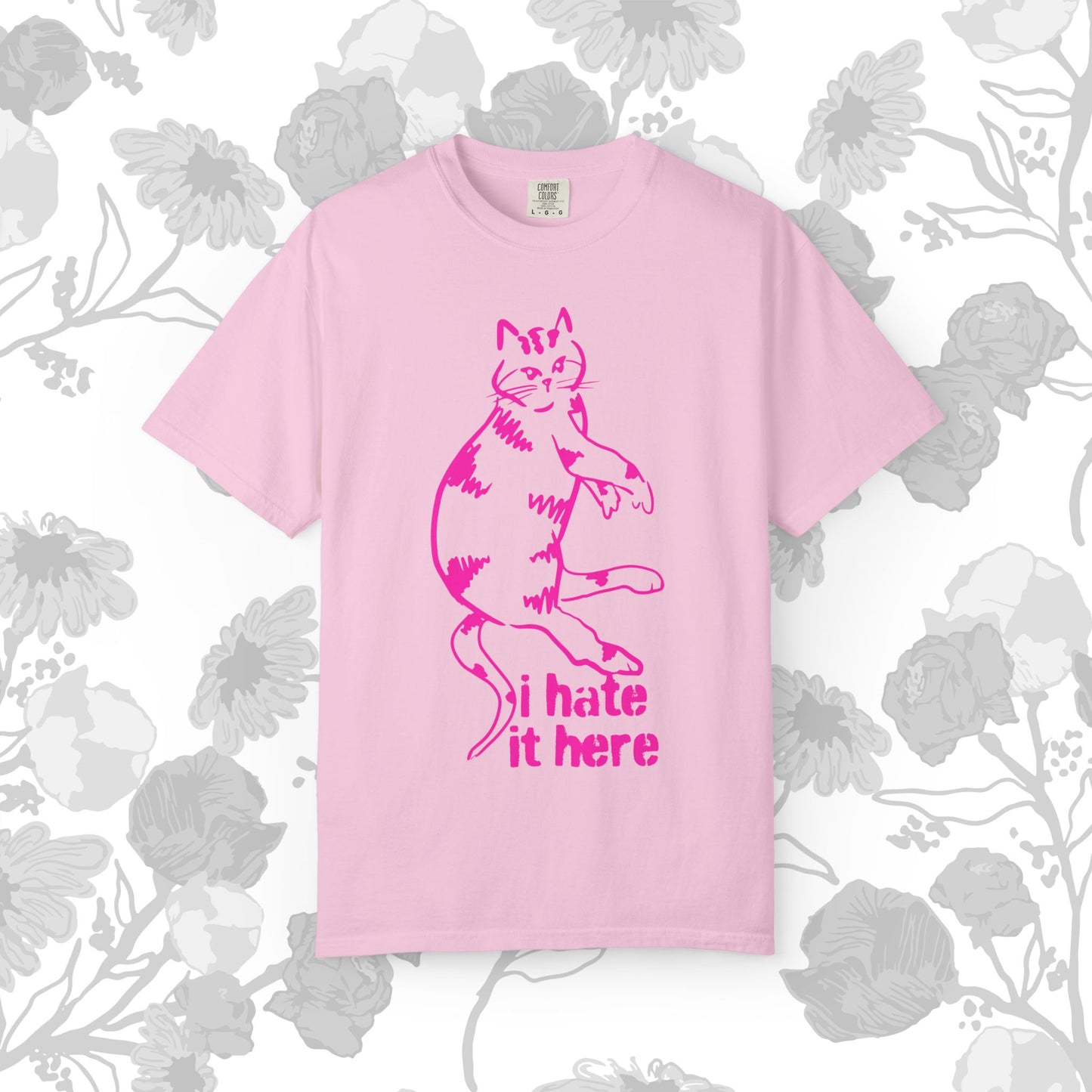"I hate it here"...Funny Cat T-Shirt Showcasing Cat with Attitude, Halloween, Unisex Tee, Garment-Dyed Shirt, Quirky Cat Lover Gift, Casual Wear, Perfect for Cat Owners