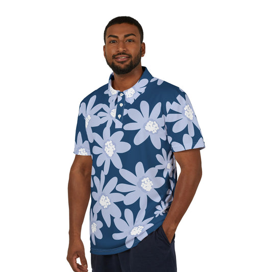 Large Blue Dasiy Floral Unisex Polo Shirt - Summer Vibes, Casual Wear, Gifts for Him/Her, Beachwear, Spring Fashion
