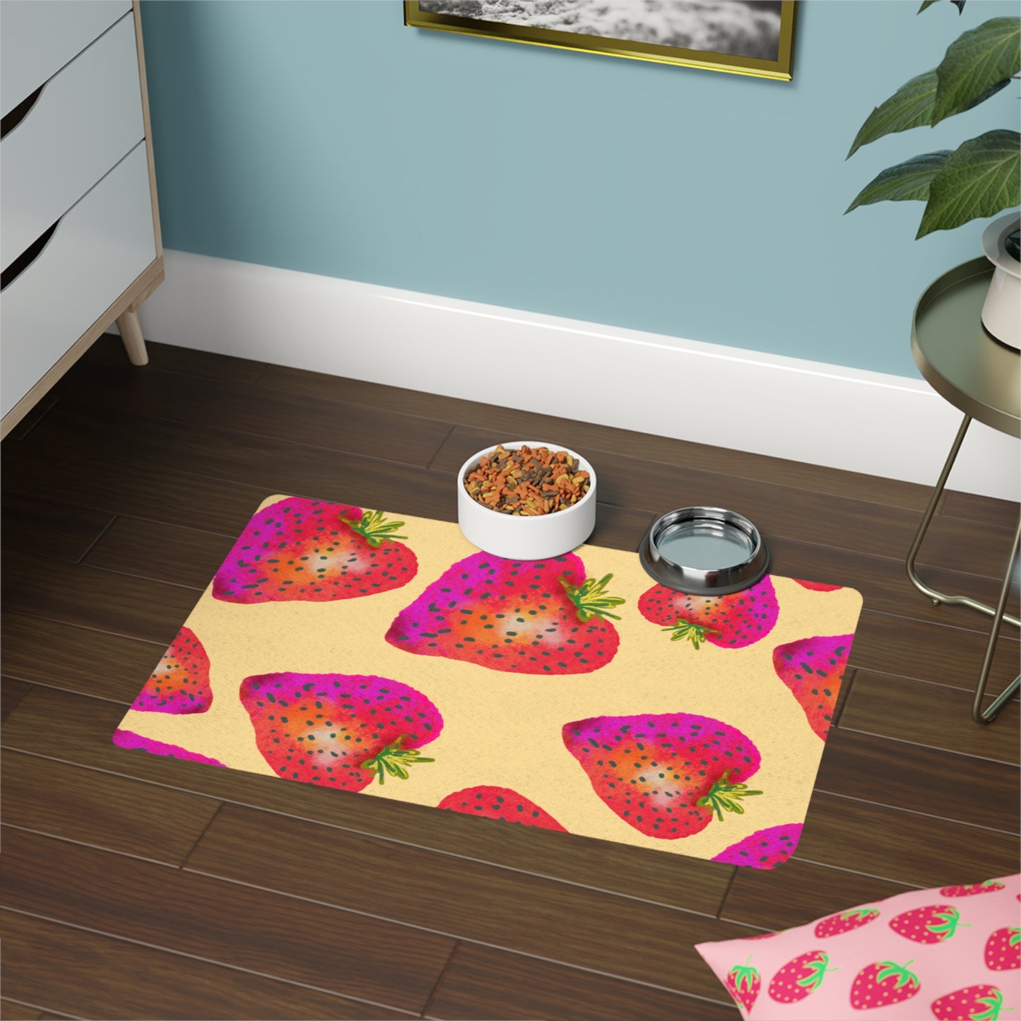 Strawberry Pet Food Mat, Cute Dog Feeding Mat, Cat Food Pad, Non-Slip Pet Dish Mat, Dog Bowl Mat, Pet Décor