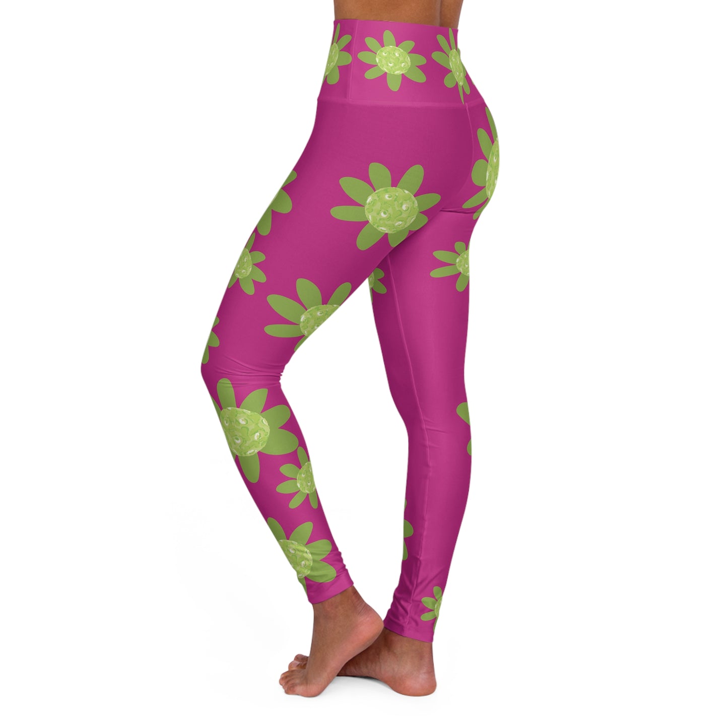 Pink Pickleball Daisy Floral High-Waisted Yoga Leggings, Comfortable Activewear, Flower Print Leggings, Fitness Fashion, Gym Essentials, Yoga Apparel