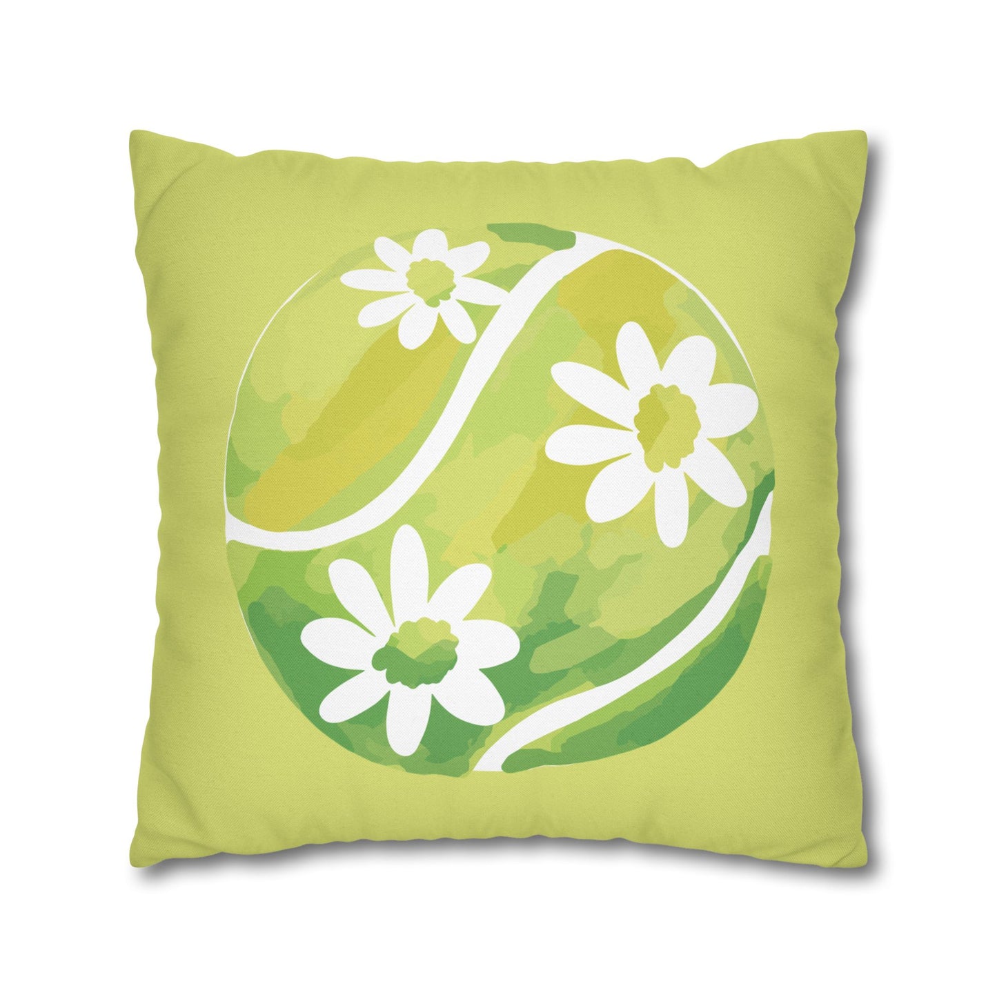 Tennis Ball Daisy Spring Floral Square Pillowcase - Decorative Cushion, Home Decor, Couch Pillow, Gift for Her, Green Leaves Design