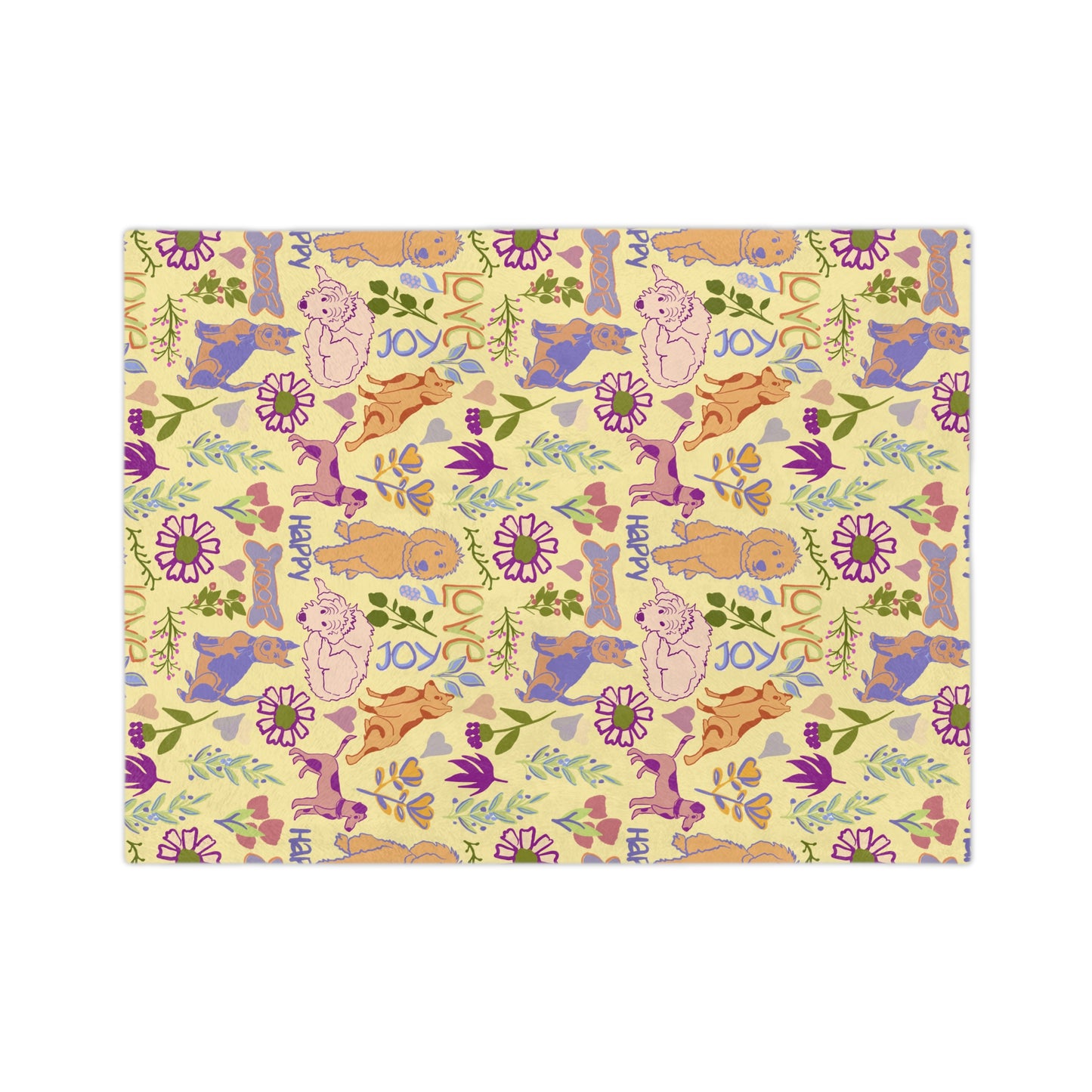Dog Pattern Velveteen Microfiber Blanket — Cute Puppies, 'Love' & 'Happy' Floral Throw