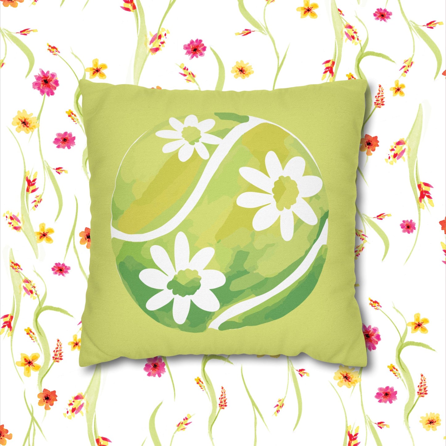 Tennis Ball Daisy Spring Floral Square Pillowcase - Decorative Cushion, Home Decor, Couch Pillow, Gift for Her, Green Leaves Design