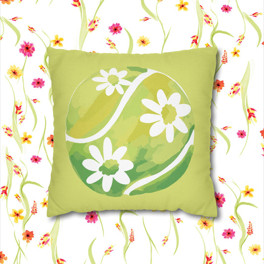 Tennis Ball Daisy Spring Floral Square Pillowcase - Decorative Cushion, Home Decor, Couch Pillow, Gift for Her, Green Leaves Design