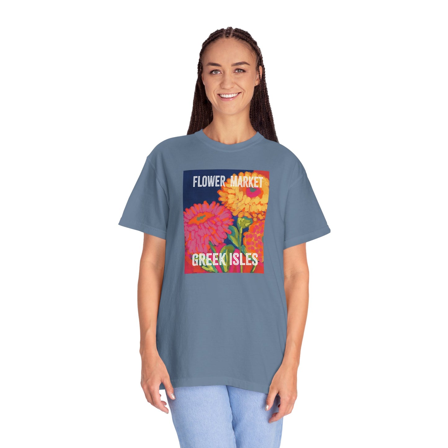 Vibrant Floral Market Tee, Flower Market T-Shirt, Greek Isles Apparel, Gift for Garden Lovers, Summer Wardrobe Essential